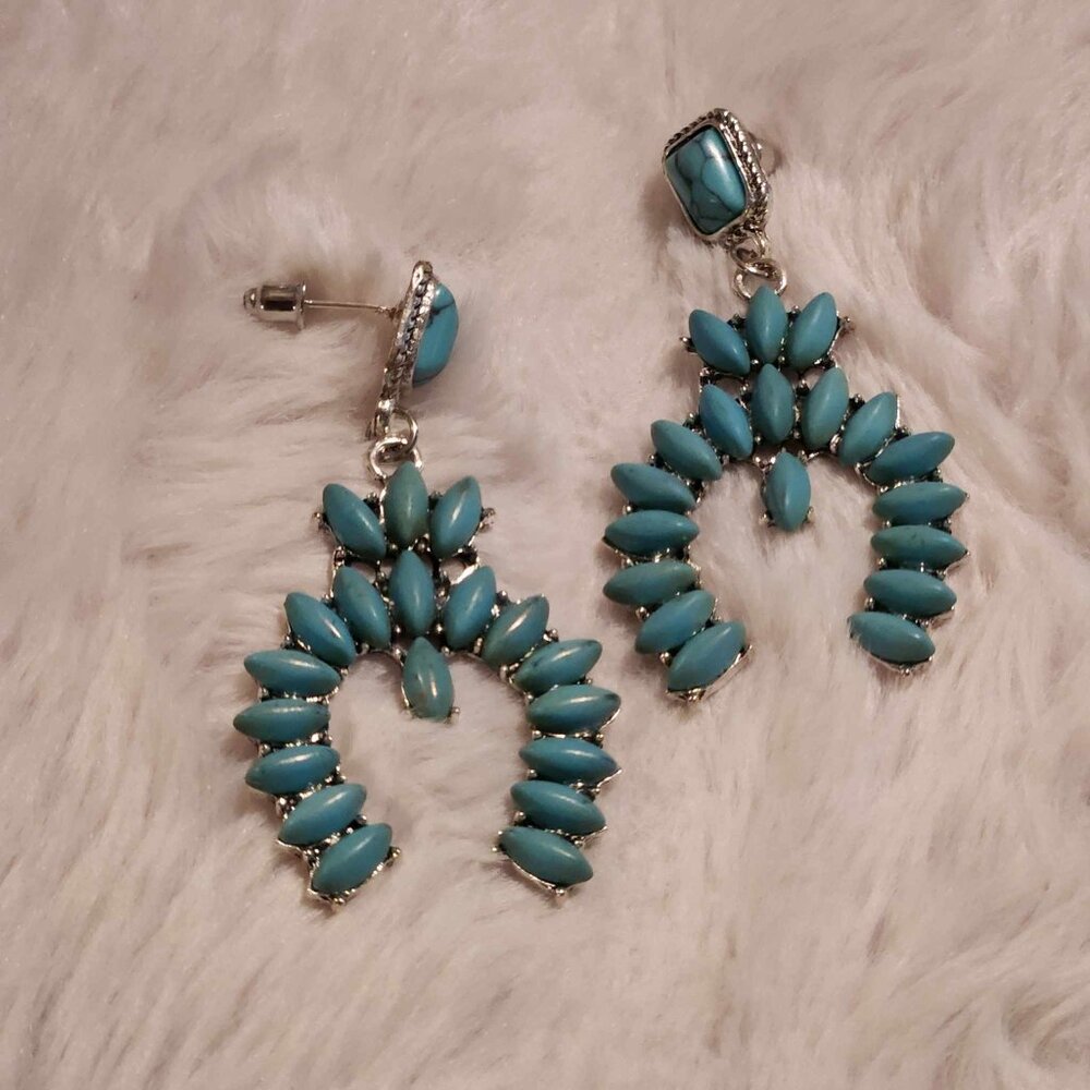 Turquoise Earrings Squash Blossom Style Horseshoe Shape